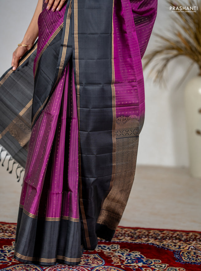 Pure soft silk saree purple and black with allover zari stripe & buttas and rettapet zari woven border