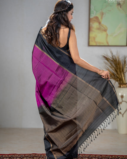 Pure soft silk saree purple and black with allover zari stripe & buttas and rettapet zari woven border