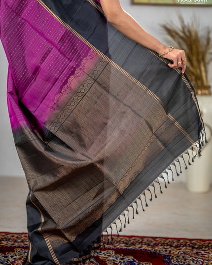 Pure soft silk saree purple and black with allover zari stripe & buttas and rettapet zari woven border