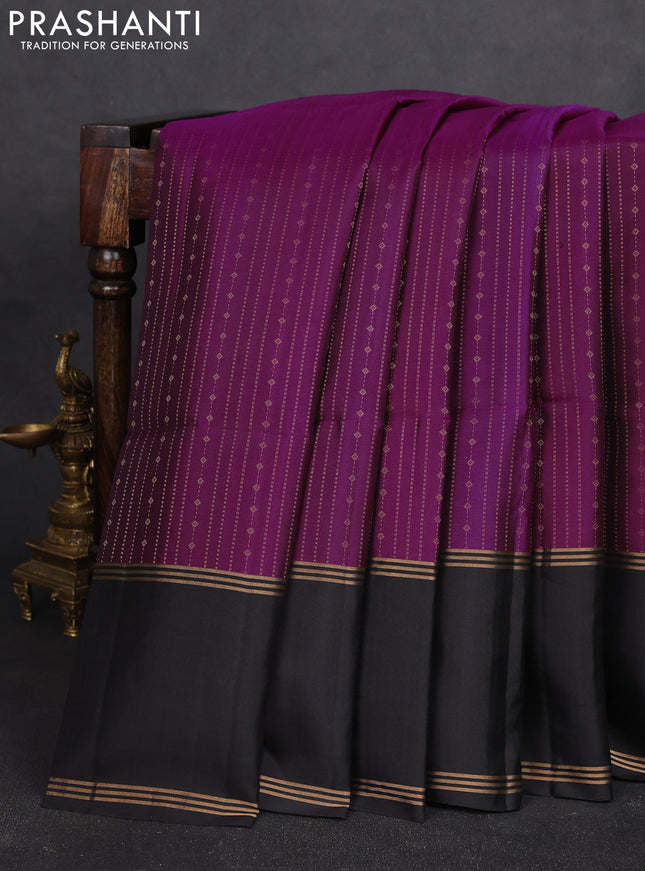 Pure soft silk saree purple and black with allover zari stripe & buttas and rettapet zari woven border