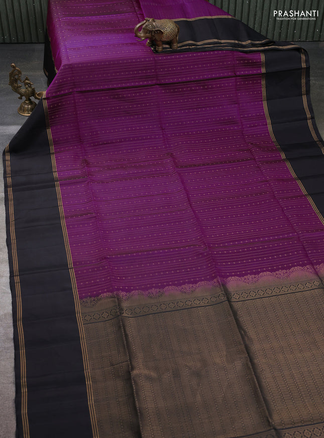 Pure soft silk saree purple and black with allover zari stripe & buttas and rettapet zari woven border