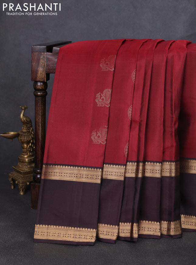 Pure soft silk saree maroon and coffee brown with zari woven buttas and rettapet zari woven border