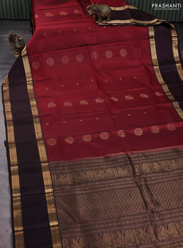 Pure soft silk saree maroon and coffee brown with zari woven buttas and rettapet zari woven border