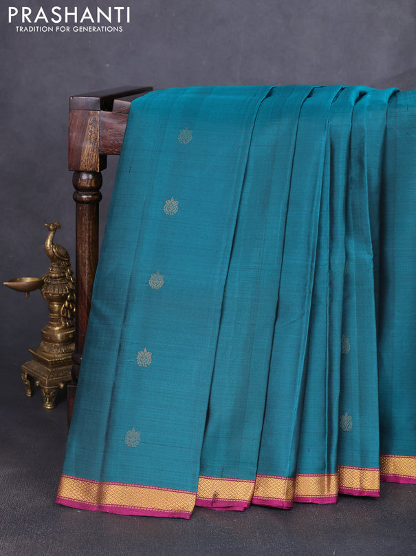 Pure soft silk saree teal green and magenta pink with zari woven buttas and small zari woven border