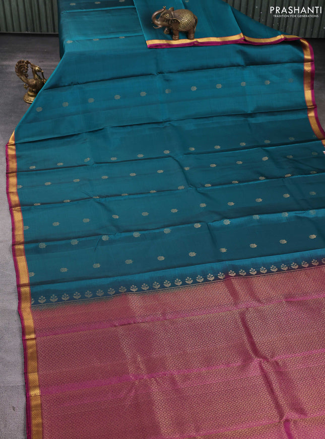 Pure soft silk saree teal green and magenta pink with zari woven buttas and small zari woven border