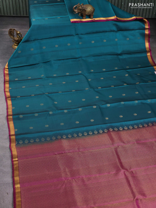 Pure soft silk saree teal green and magenta pink with zari woven buttas and small zari woven border