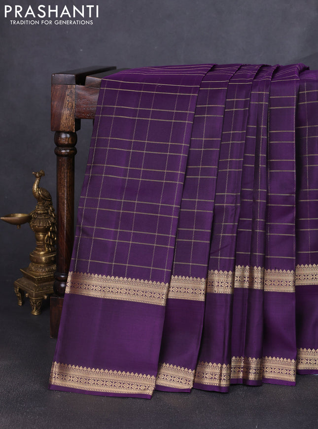 Pure soft silk saree purple with allover zari checked pattern and rettapet zari woven border
