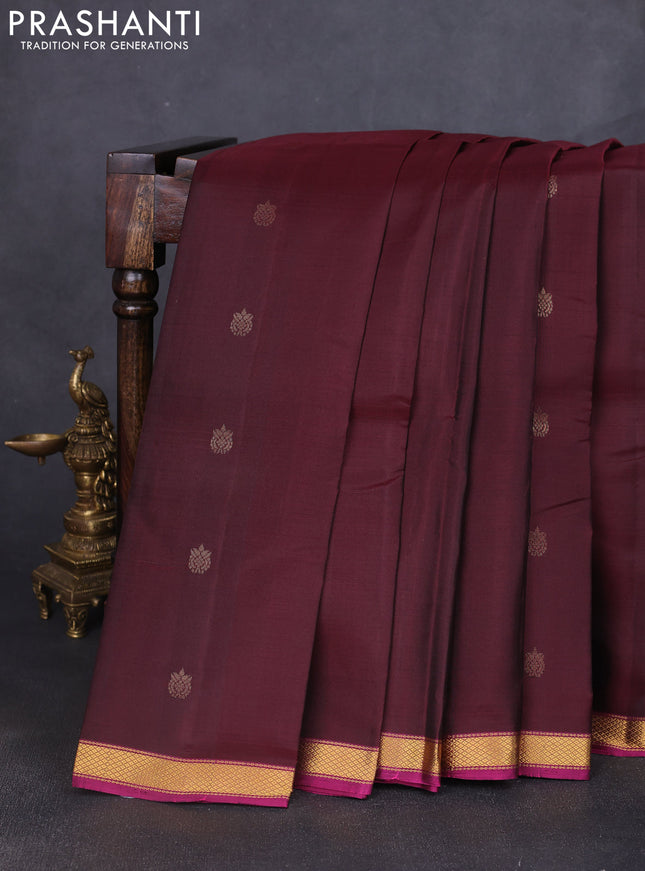 Pure soft silk saree coffee brown and magenta pink with zari woven buttas and small zari woven border
