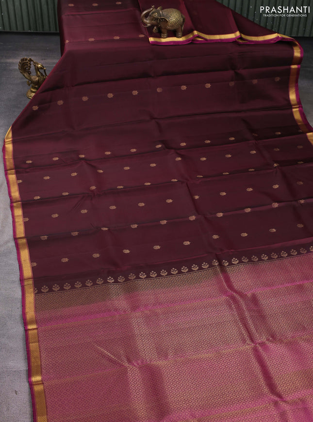 Pure soft silk saree coffee brown and magenta pink with zari woven buttas and small zari woven border