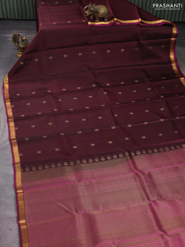 Pure soft silk saree coffee brown and magenta pink with zari woven buttas and small zari woven border