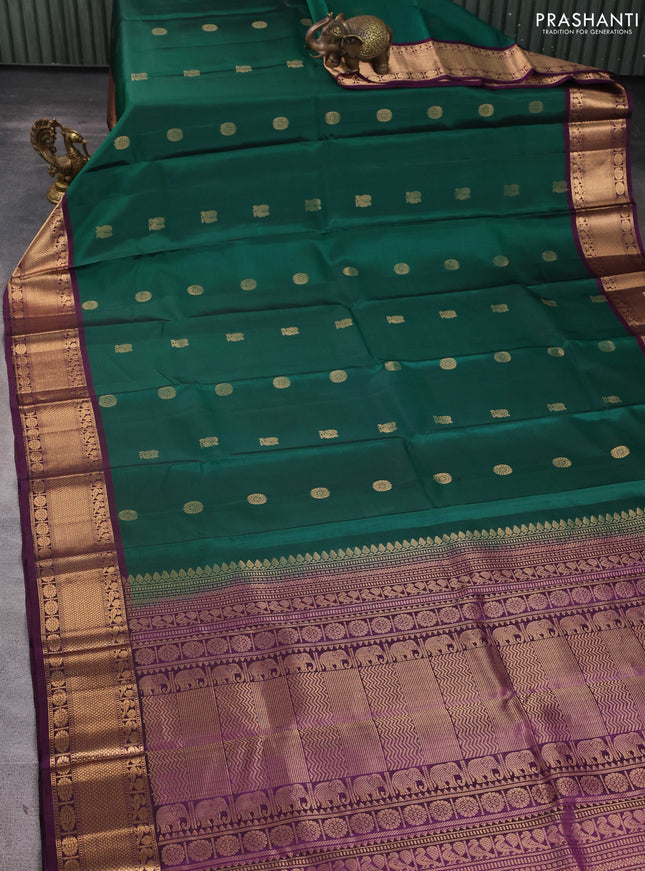 Pure soft silk saree green and deep purple with annam zari woven buttas and zari woven border