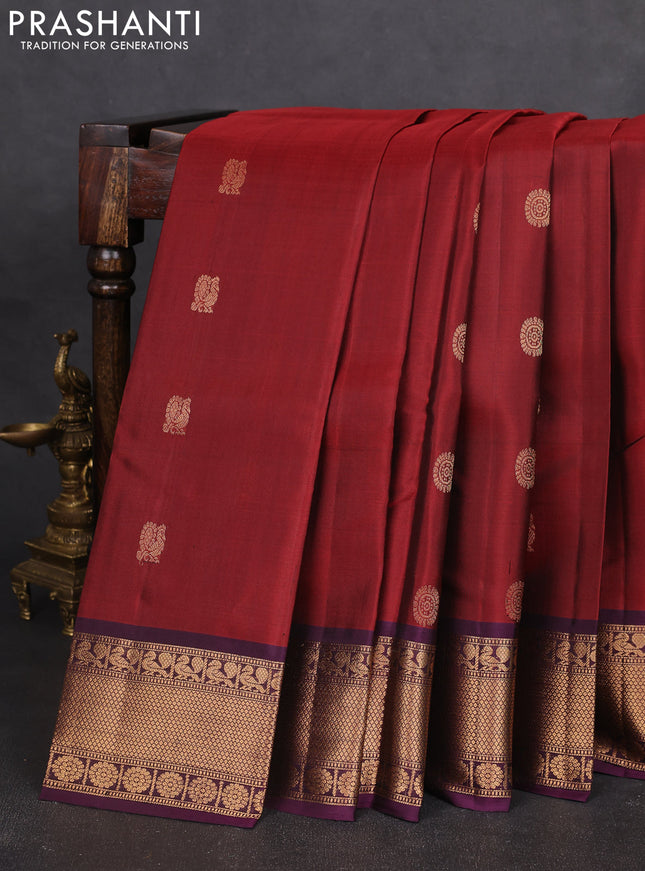 Pure soft silk saree maroon  and deep purple with annam zari woven buttas and zari woven border
