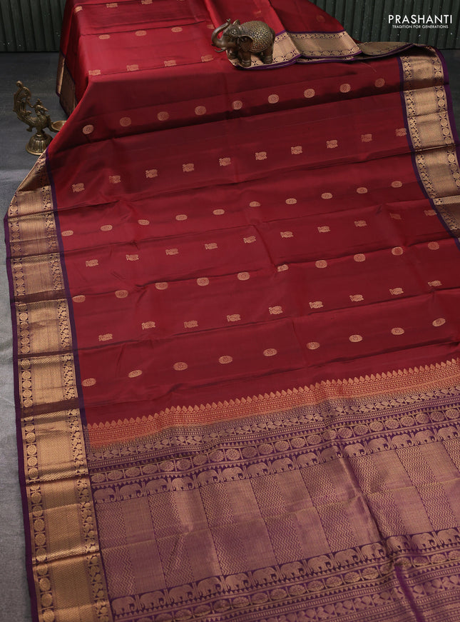 Pure soft silk saree maroon  and deep purple with annam zari woven buttas and zari woven border