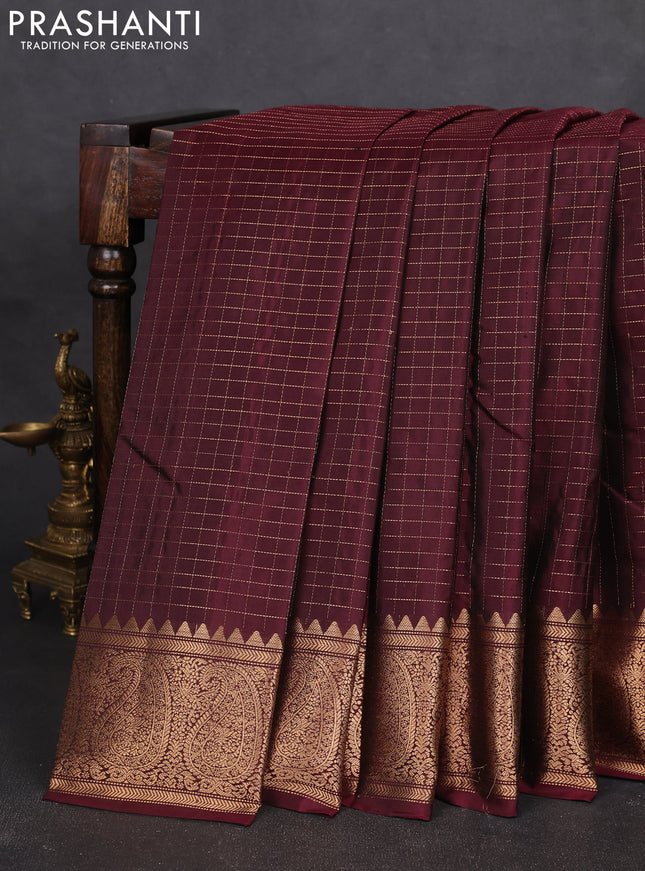 Pure soft silk saree maroon shade with allover zari checked pattern and paisley zari woven border