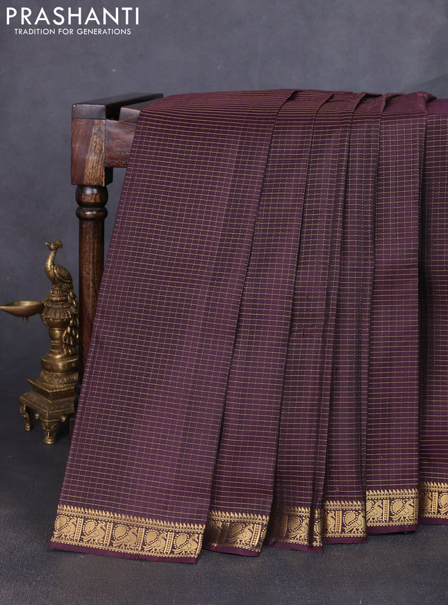 Pure soft silk saree deep wine shade with allover small zari checked pattern and annam zari woven border