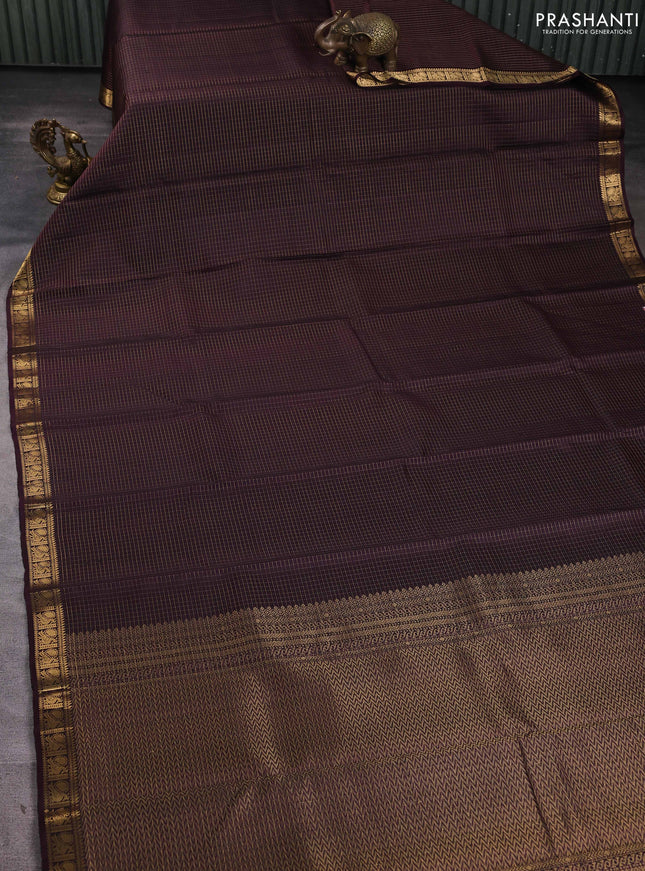 Pure soft silk saree deep wine shade with allover small zari checked pattern and annam zari woven border