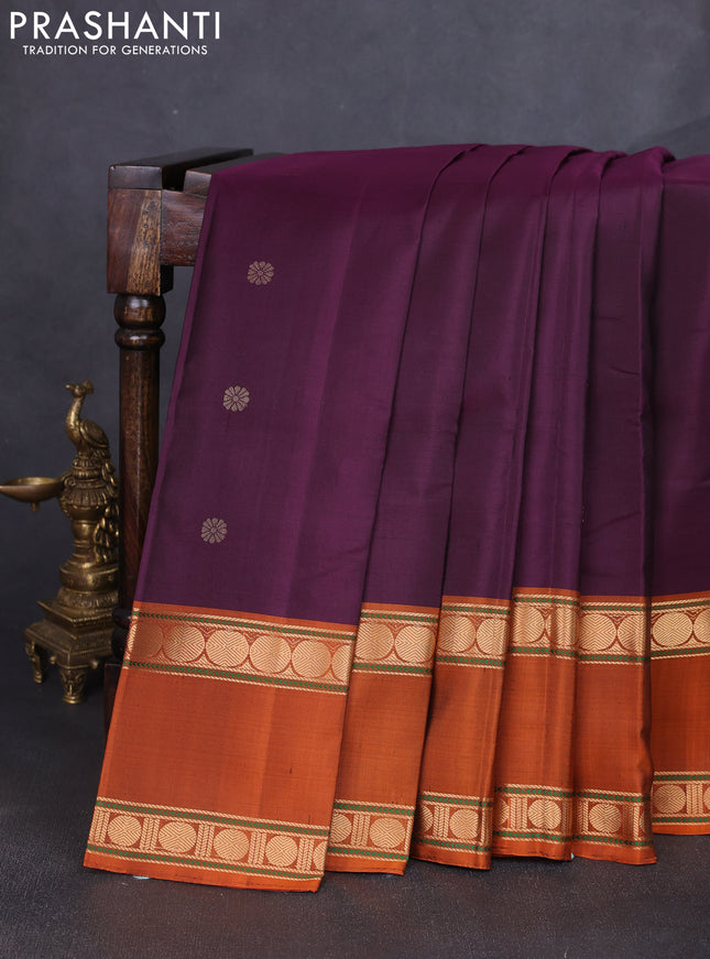 Pure soft silk saree wine shade and rustic orange with zari woven buttas and long rettapet zari woven border
