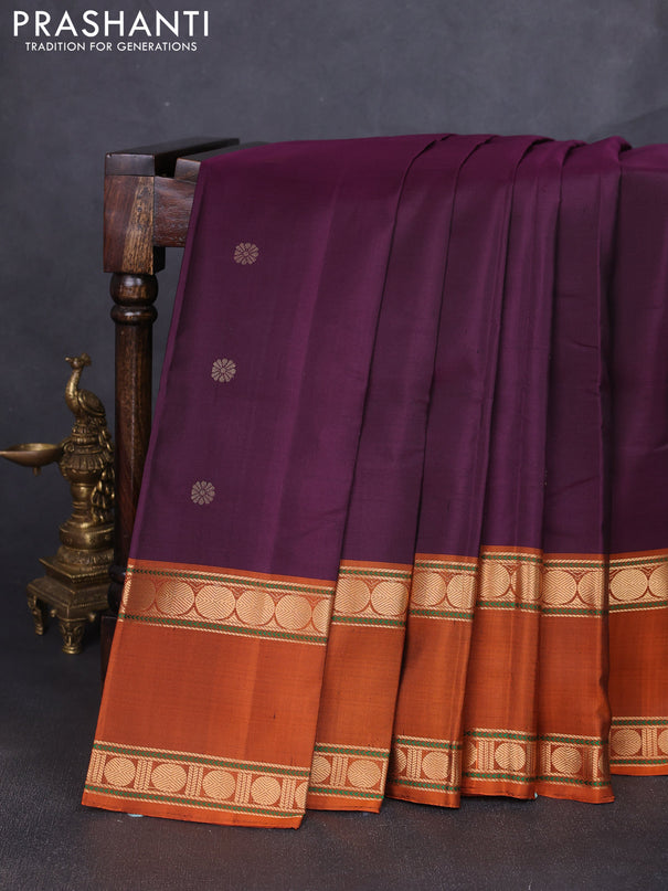Pure soft silk saree wine shade and rustic orange with zari woven buttas and long rettapet zari woven border