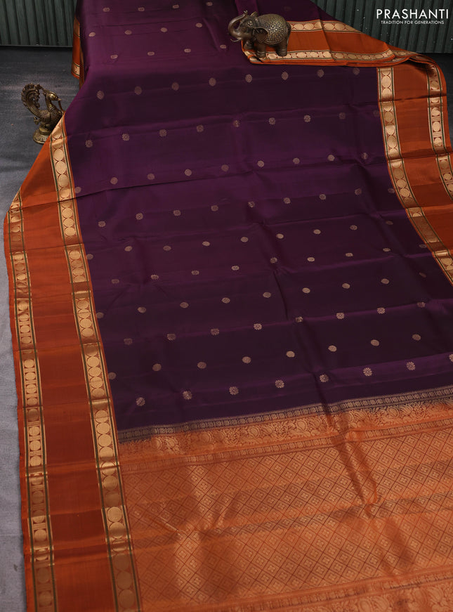 Pure soft silk saree wine shade and rustic orange with zari woven buttas and long rettapet zari woven border