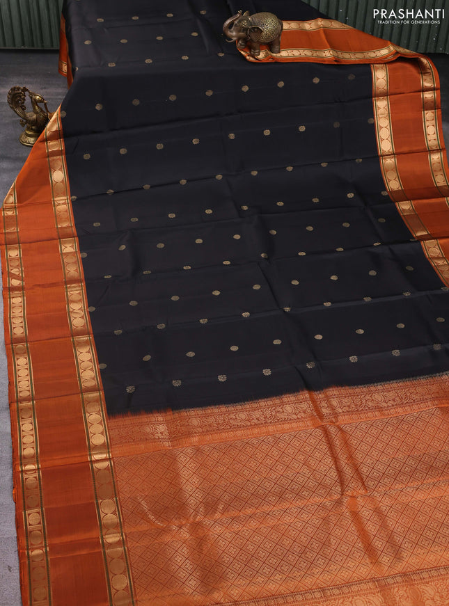 Pure soft silk saree black and rust shade with zari woven buttas and long rettapet zari woven border