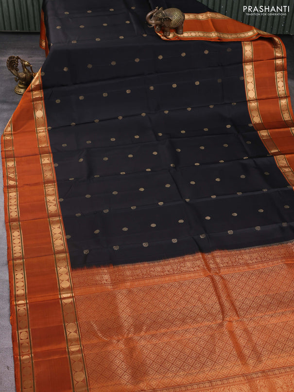 Pure soft silk saree black and rust shade with zari woven buttas and long rettapet zari woven border