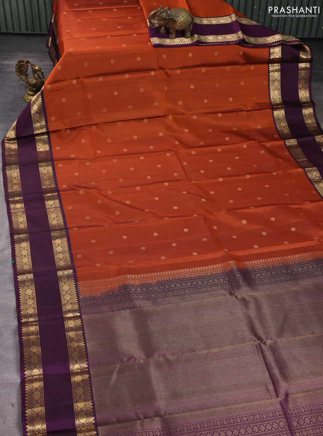 Pure soft silk saree rust shade and purple with zari woven buttas and long rettapet zari woven border
