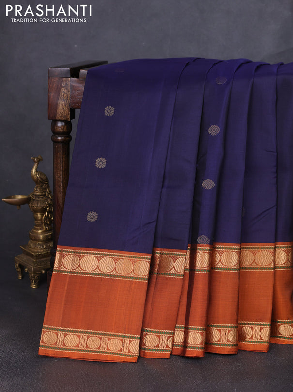 Pure soft silk saree dark blue and rustic orange with zari woven buttas and long rettapet zari woven border