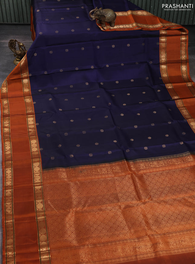 Pure soft silk saree dark blue and rustic orange with zari woven buttas and long rettapet zari woven border