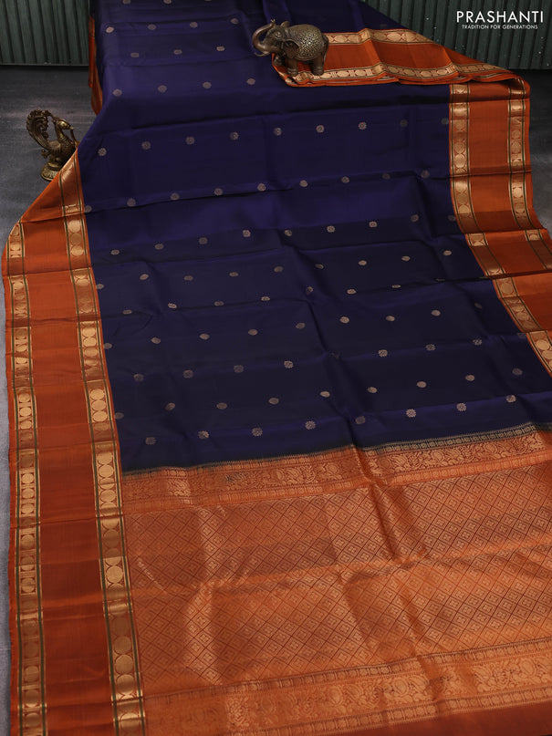Pure soft silk saree dark blue and rustic orange with zari woven buttas and long rettapet zari woven border