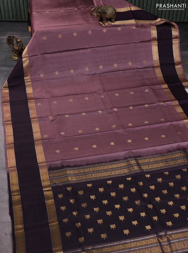 Pure soft silk saree rosy brown and wine shade with zari woven buttas and long rettapet zari woven border