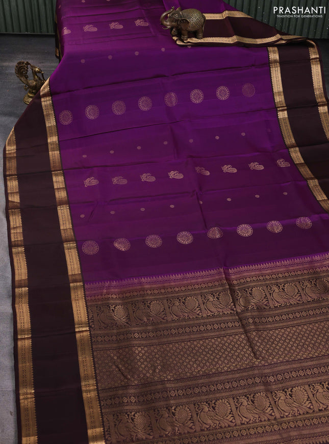 Pure soft silk saree purple and coffee brown with zari woven buttas and long rettapet zari woven border