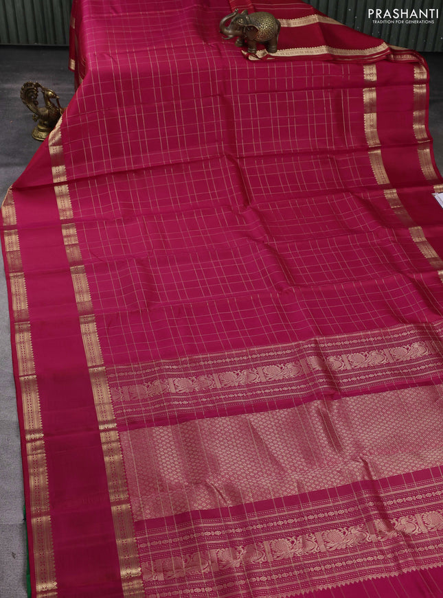 Pure soft silk saree dual shade of pink and green with allover zari woven checked pattern and long rettapet zari woven border