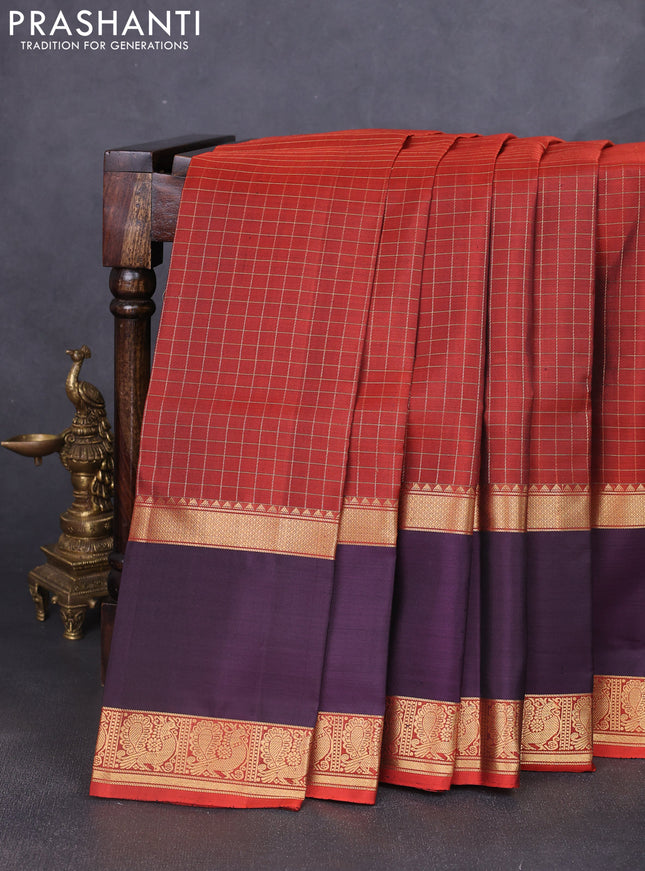 Pure soft silk saree rustic orange and wine shade with allover zari woven checked pattern and long rettapet zari woven border