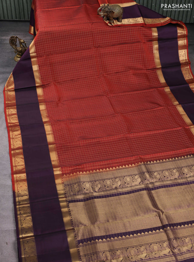 Pure soft silk saree rustic orange and wine shade with allover zari woven checked pattern and long rettapet zari woven border