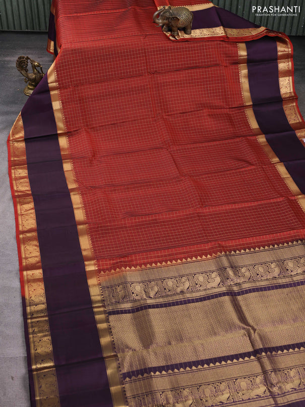 Pure soft silk saree rustic orange and wine shade with allover zari woven checked pattern and long rettapet zari woven border