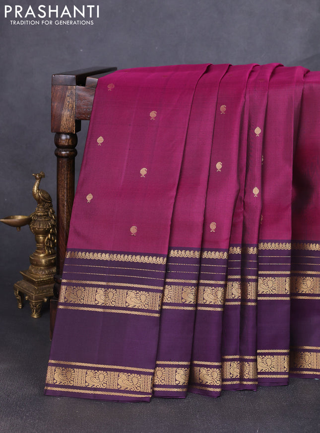 Pure soft silk saree dark magenta pink and purple with zari woven buttas and long rettapet zari woven border