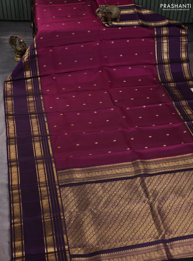 Pure soft silk saree dark magenta pink and purple with zari woven buttas and long rettapet zari woven border