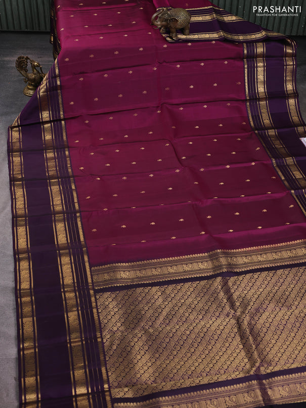 Pure soft silk saree dark magenta pink and purple with zari woven buttas and long rettapet zari woven border