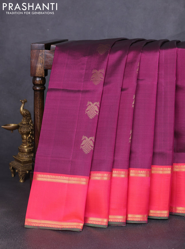 Pure soft silk saree purple and dual shade of pinksh orange with allover zari woven buttas and rettapet zari woven border