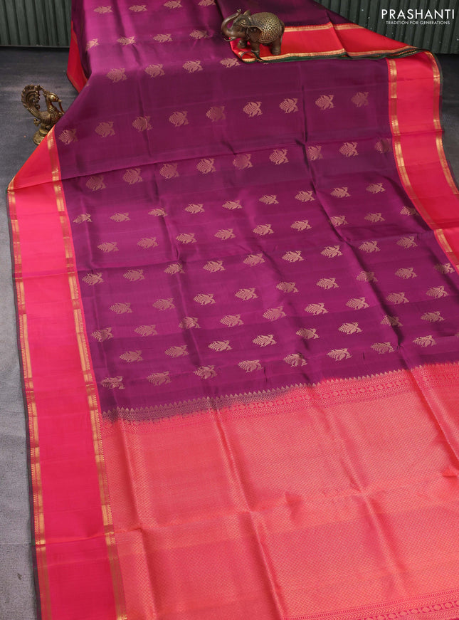 Pure soft silk saree purple and dual shade of pinksh orange with allover zari woven buttas and rettapet zari woven border
