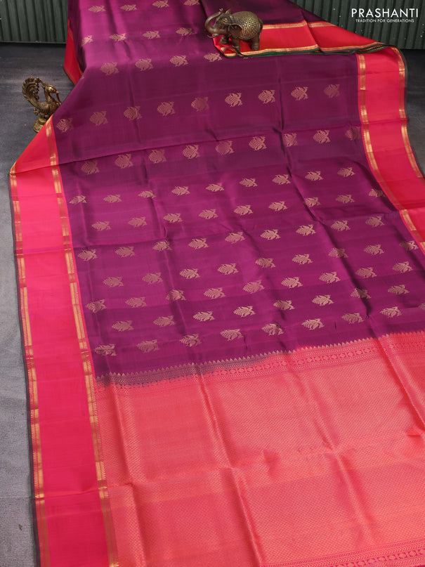 Pure soft silk saree purple and dual shade of pinksh orange with allover zari woven buttas and rettapet zari woven border