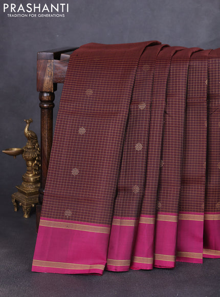 Pure soft silk saree coffee brown and magenta pink with allover zari checks & buttas and rettapet zari woven border
