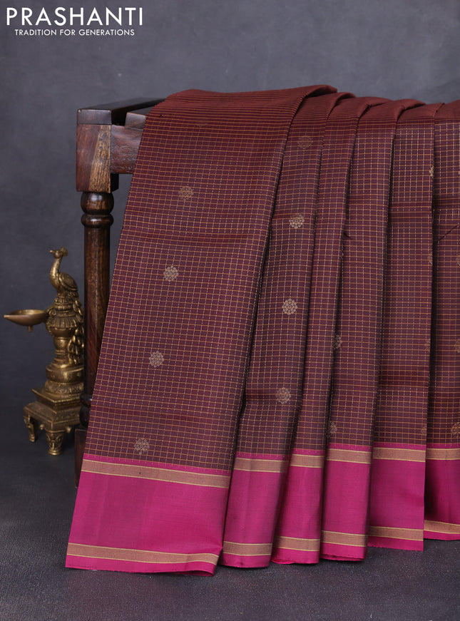 Pure soft silk saree coffee brown and magenta pink with allover zari checks & buttas and rettapet zari woven border