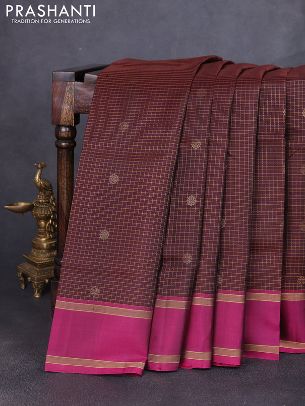 Pure soft silk saree coffee brown and magenta pink with allover zari checks & buttas and rettapet zari woven border