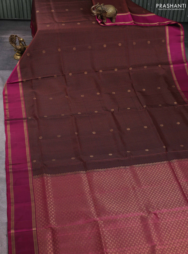 Pure soft silk saree coffee brown and magenta pink with allover zari checks & buttas and rettapet zari woven border