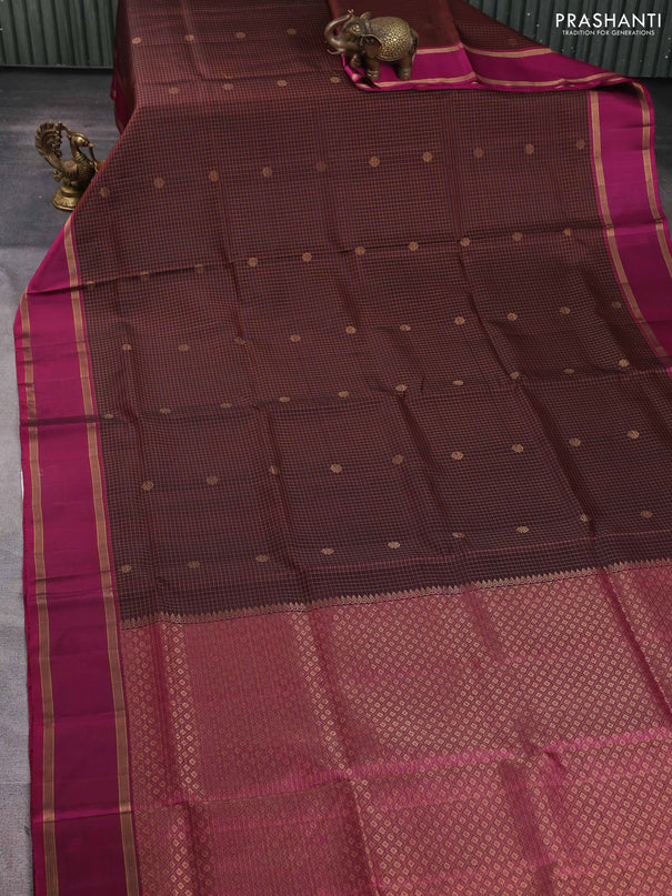 Pure soft silk saree coffee brown and magenta pink with allover zari checks & buttas and rettapet zari woven border
