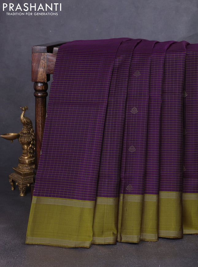 Pure soft silk saree deep purple and dark mustard with allover zari checks & buttas and rettapet zari woven border