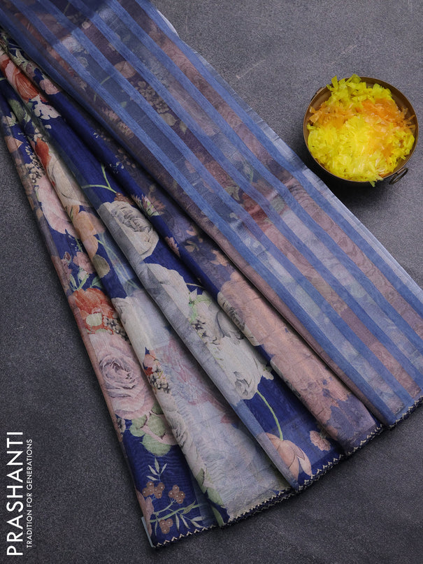 Organza tissue tussar saree blue with floral prints and lace work border