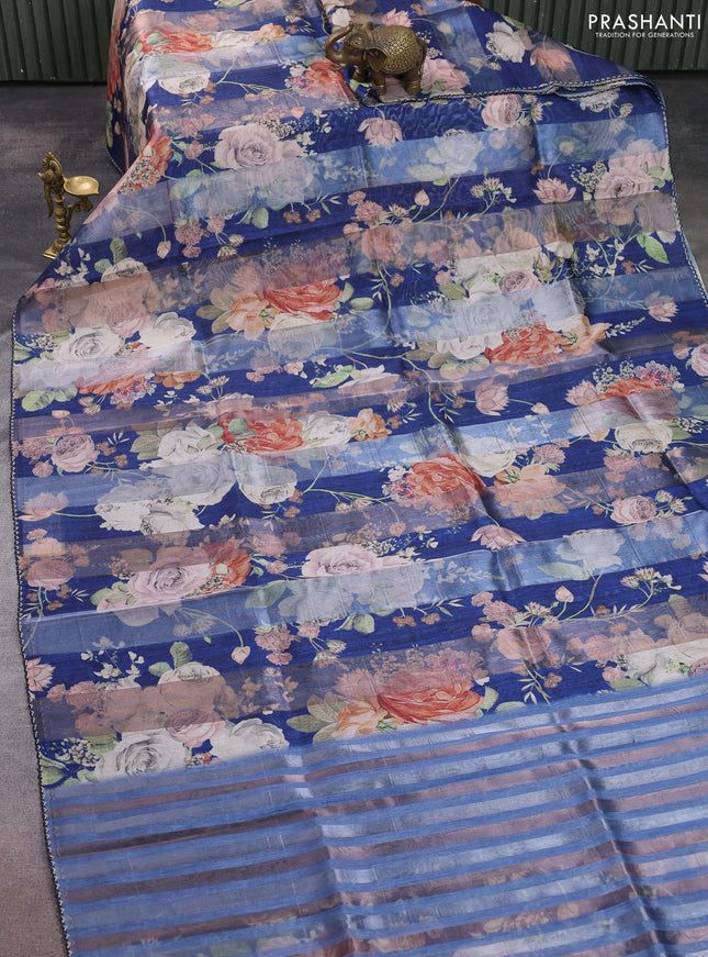 Organza tissue tussar saree blue with floral prints and lace work border