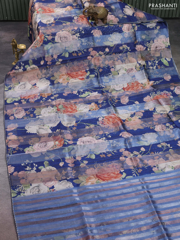 Organza tissue tussar saree blue with floral prints and lace work border